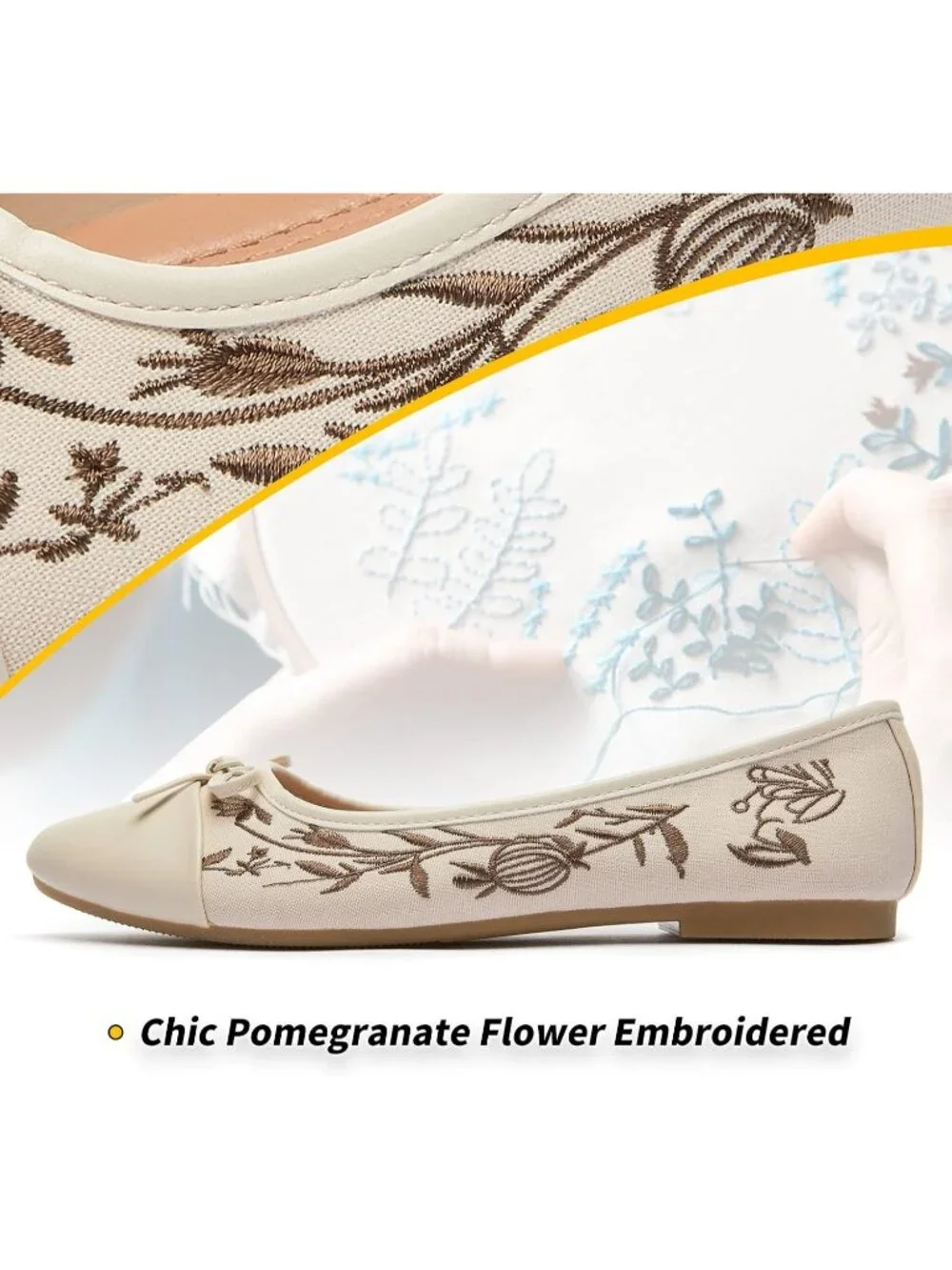 Women's Beige Flats Shoes with Pomegranate Embroidery with Bow Comfortable